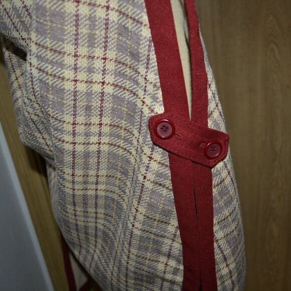 Butte Knit Red Beige Tan Plaid Casual Cozy Cottage Core Prairie Winter Poncho - Picture 8 of 12